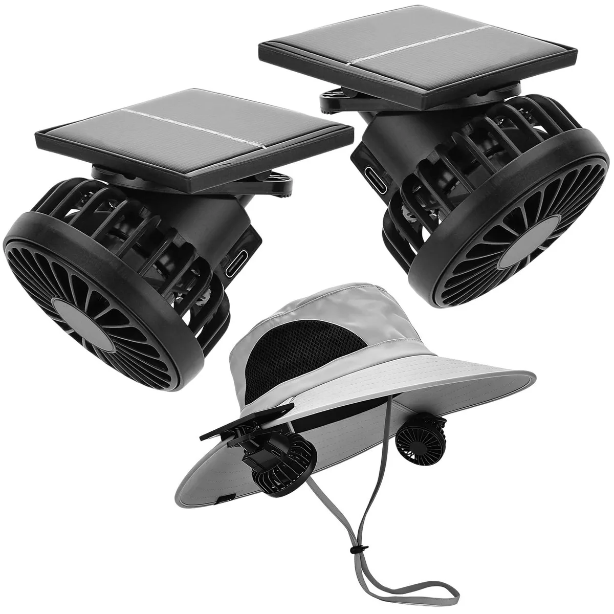 Two black clip-on mini fans with silver blades and solar panels, plus a wide-brim sun hat