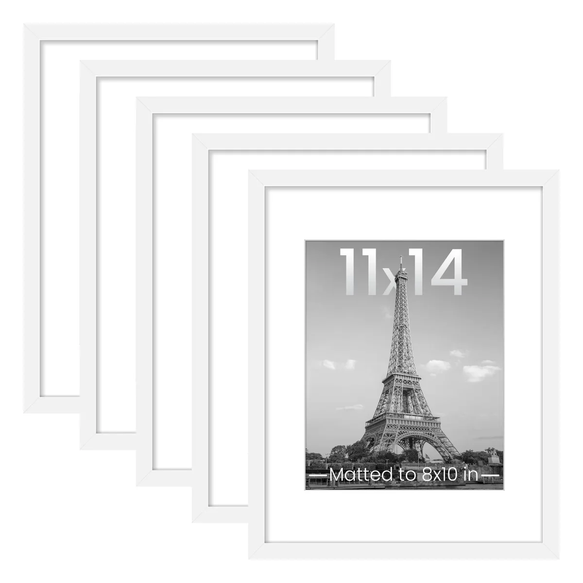 Set of five white plastic collage frames, each 14.9 by 11.89 inches, classic style