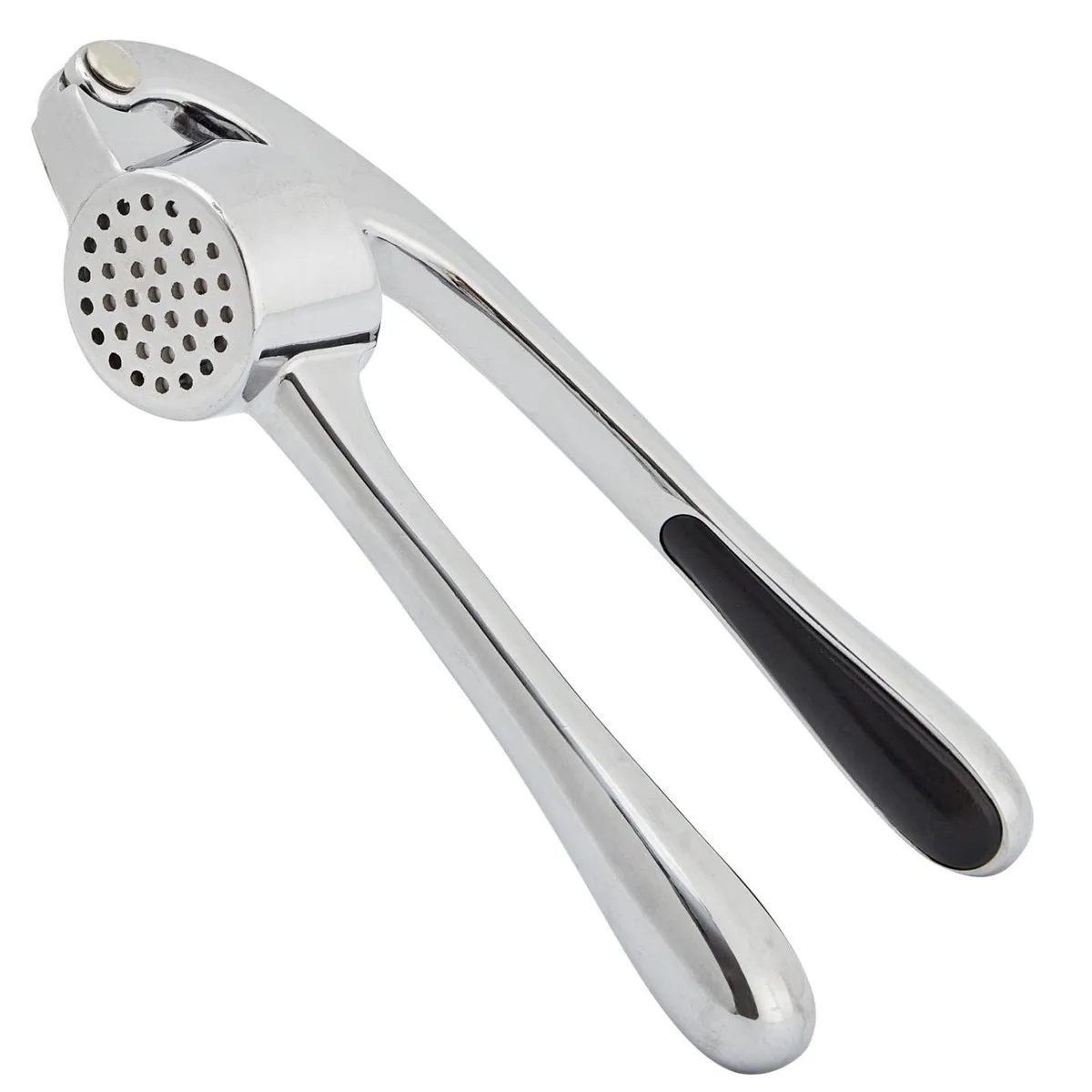 Silver zinc garlic press with curved handles, 17 cm long