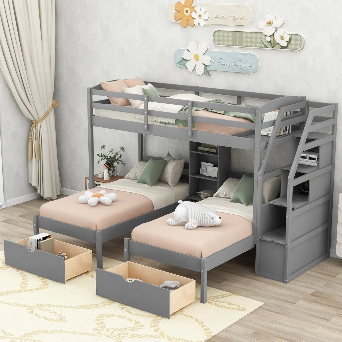 Gray pine triple bunk bed with staircase storage and drawers