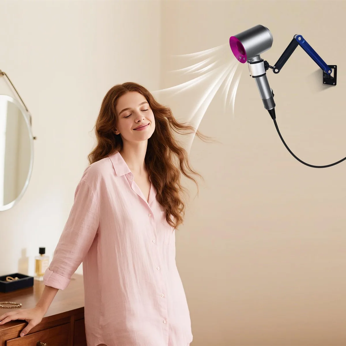 Wall-mounted hair dryer holder with adjustable arm and universal clip, carbon steel and aluminium finish