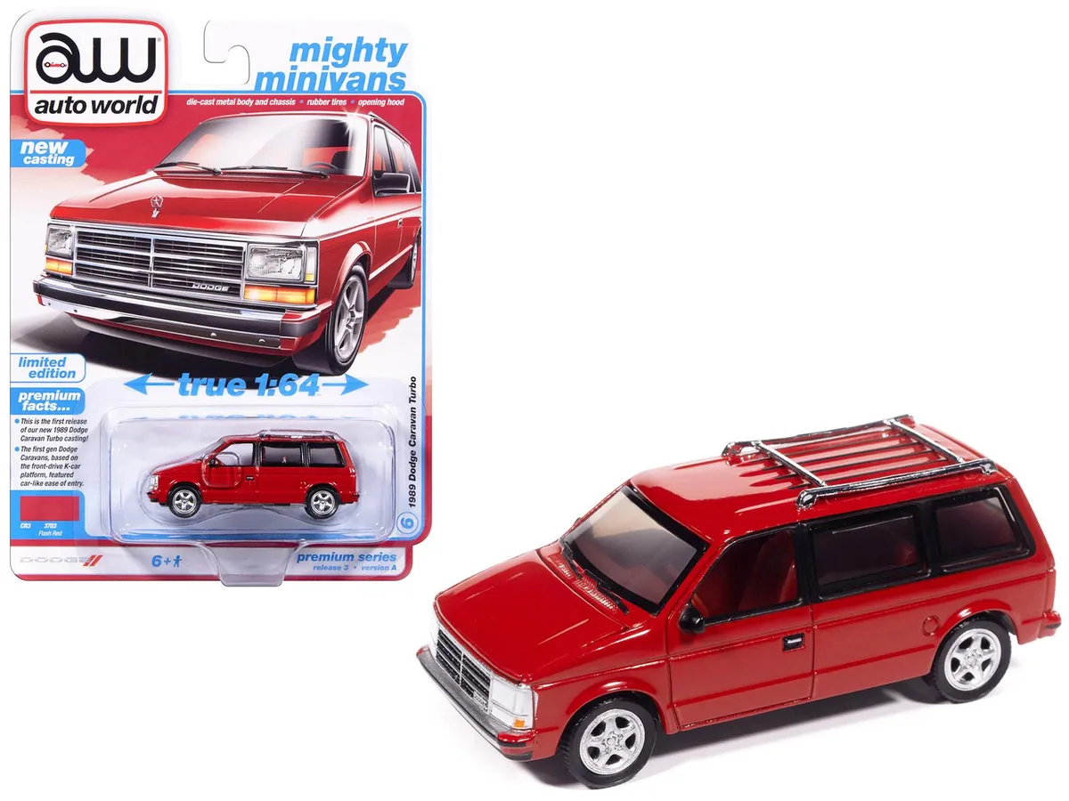 auto world Auto World 1989 Dodge Caravan Turbo Van Flash Red Mighty Minivans 1/64 Diecast Hobby Collectible — product photo