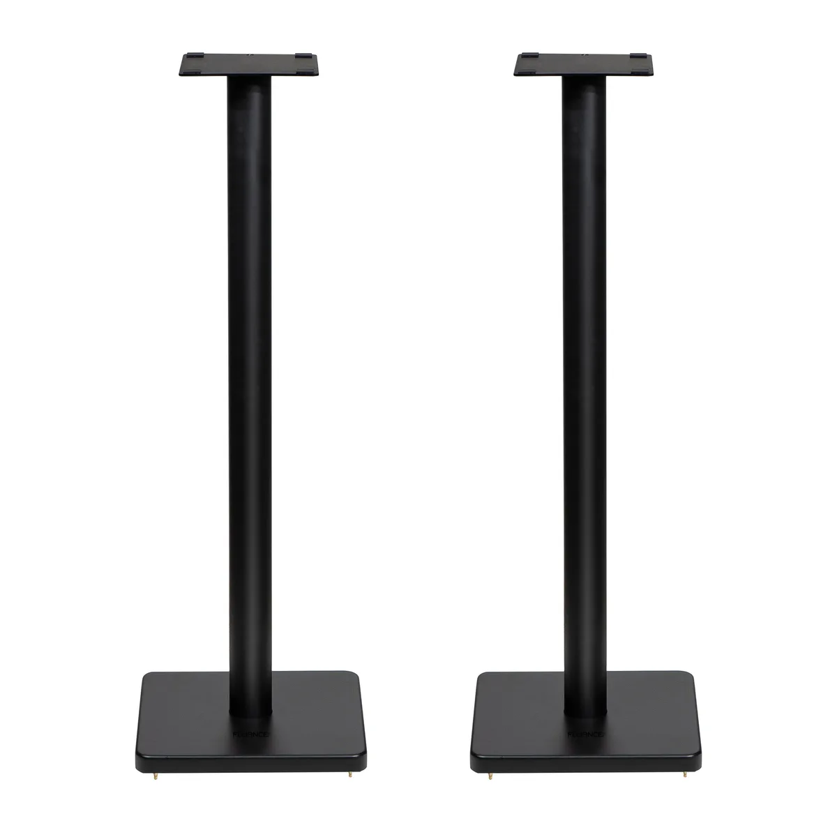 Pair of matte black floor speaker stands with square bases and cable channels