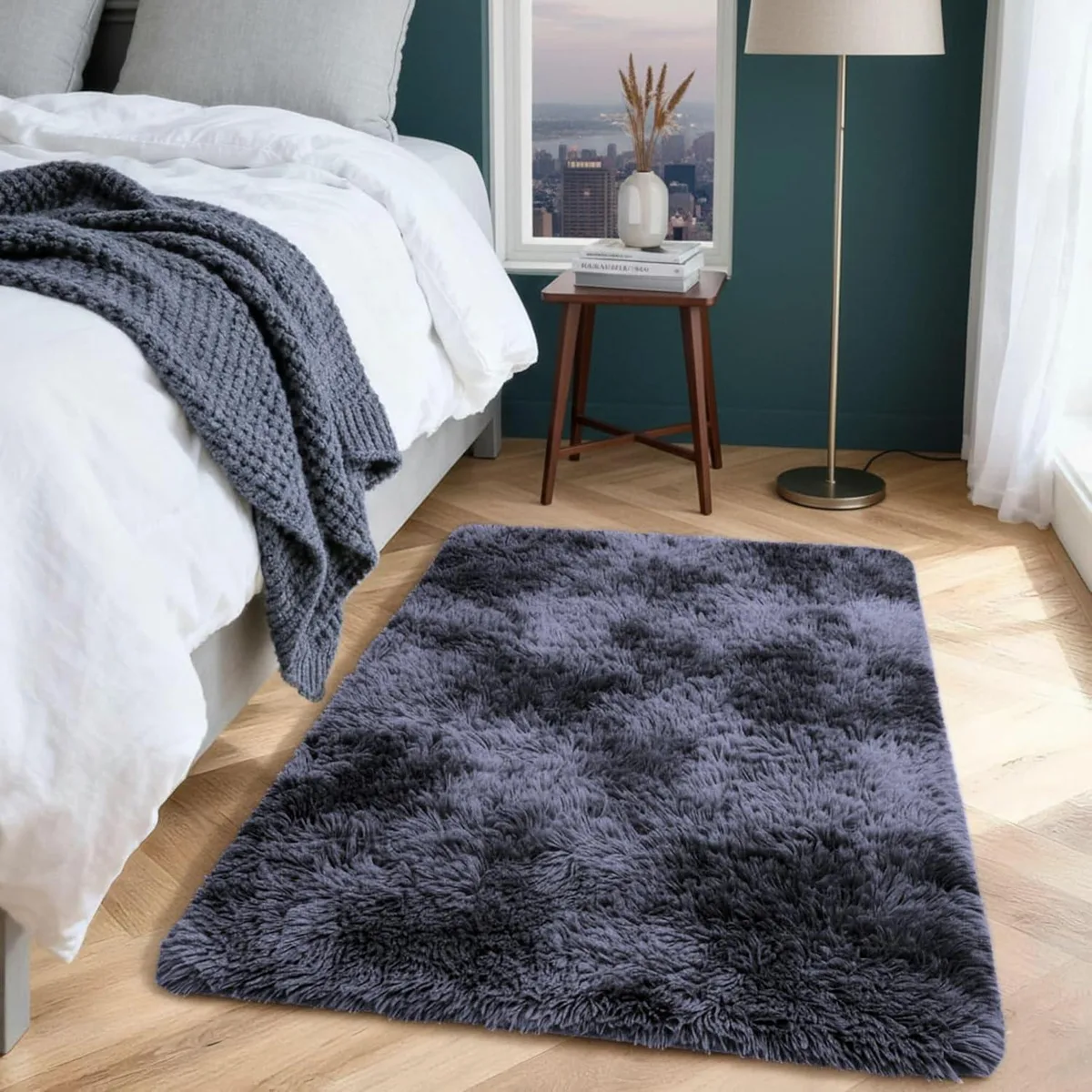Rectangular tie-dye grey polyester shag rug with rubber backing