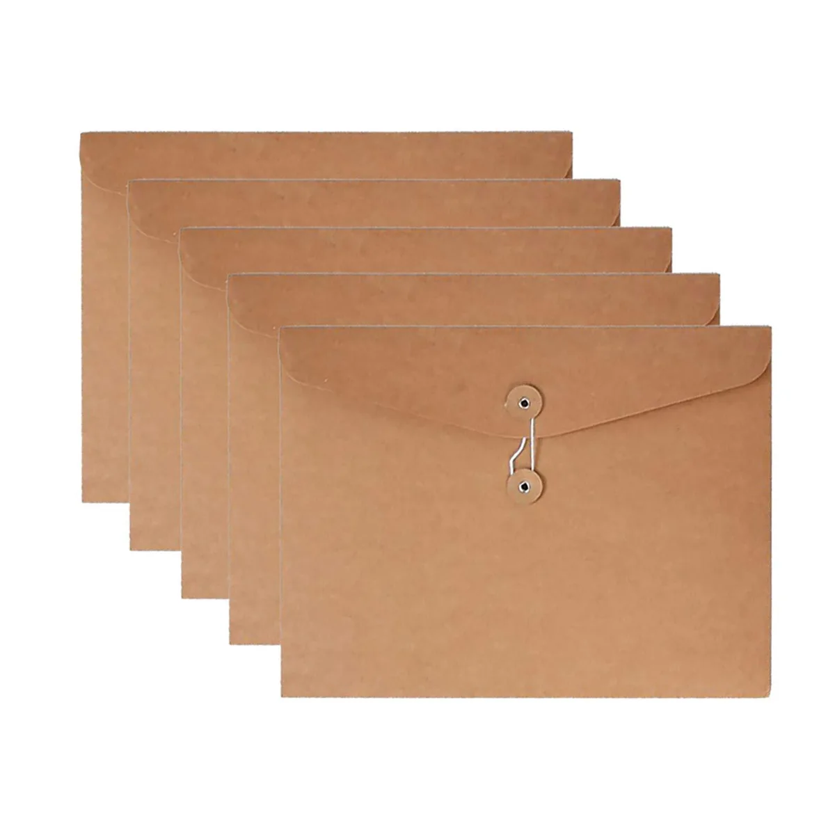 Five kraft-brown flat envelope folders with string-tie closure, A4 size