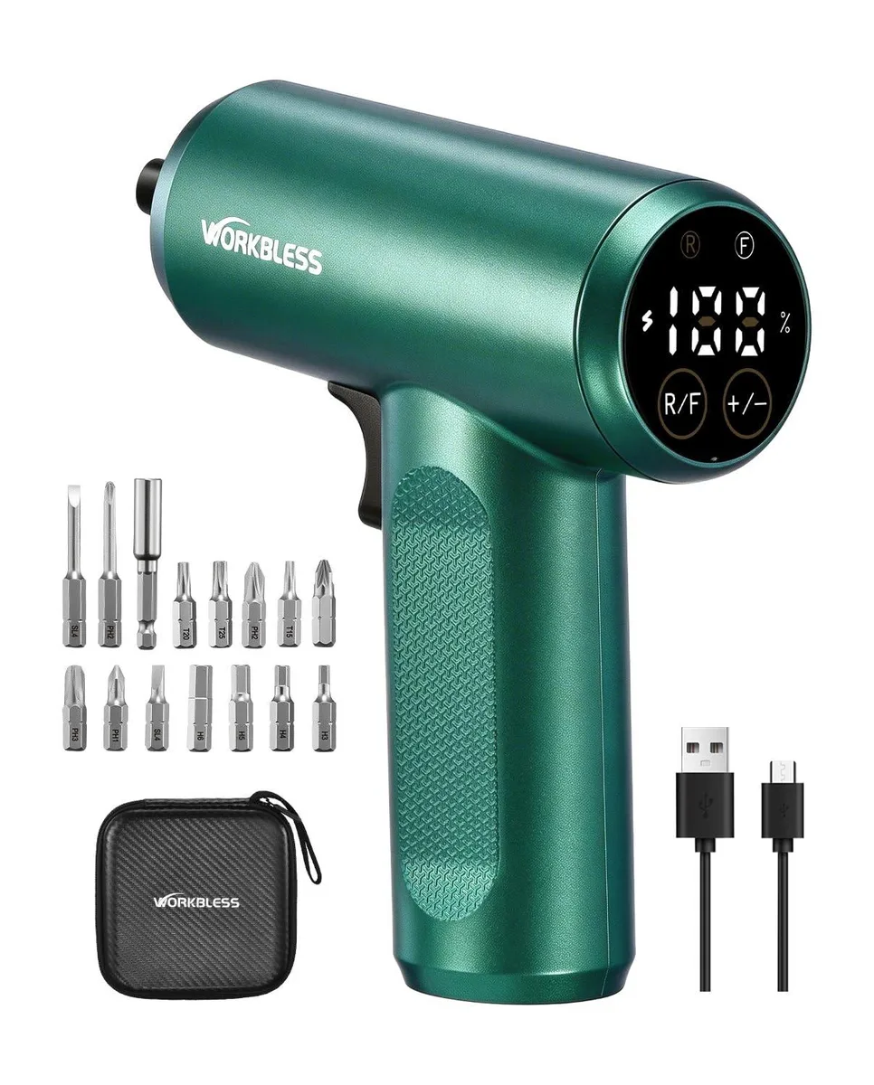 Cordless screwdriver with LCD touchscreen, chrome finish, 15-piece bit set in carry bag
