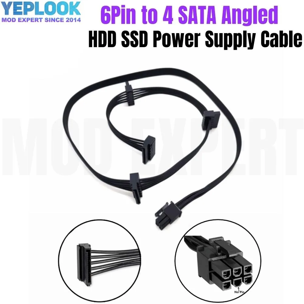 YEPLOOK YEPLOOK 6Pin to 4 SATA Angled Power Cable 18AWG 50+15+15+15CM — product photo