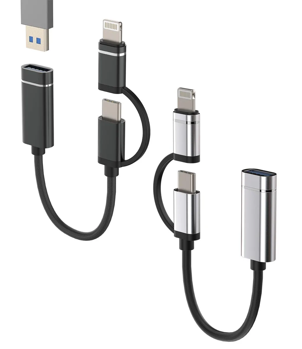 Two small white adapters with Lightning and USB-C plugs