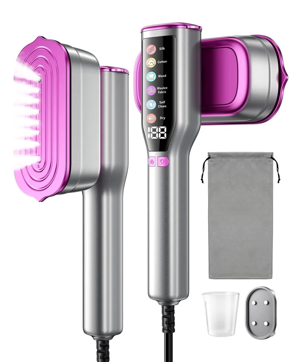 White handheld garment steamer with ceramic panel and LED display