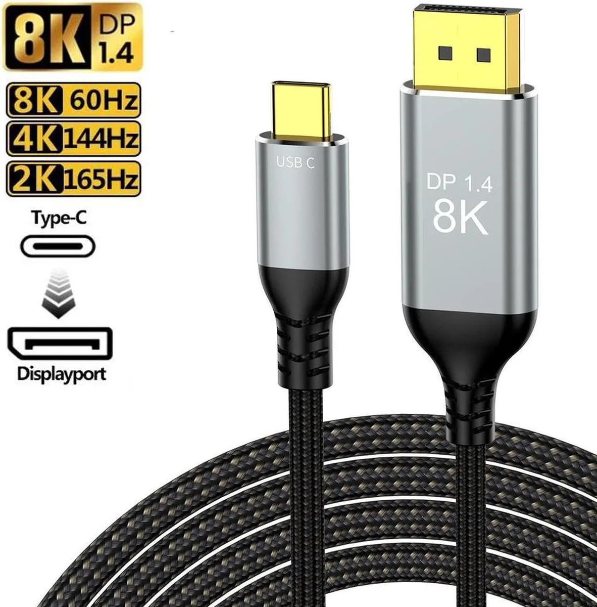 Aomoproing Aomoproing USB-C to DisplayPort 1.4 Cable 10Ft 8K@60Hz 4K@165Hz Braided — product photo