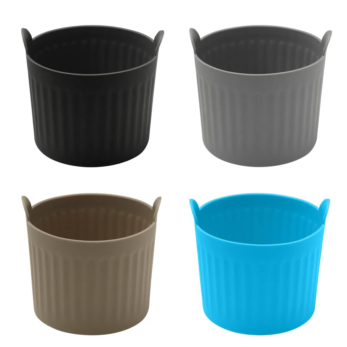 Four round silicone baking cups in black grey blue brown with side handles