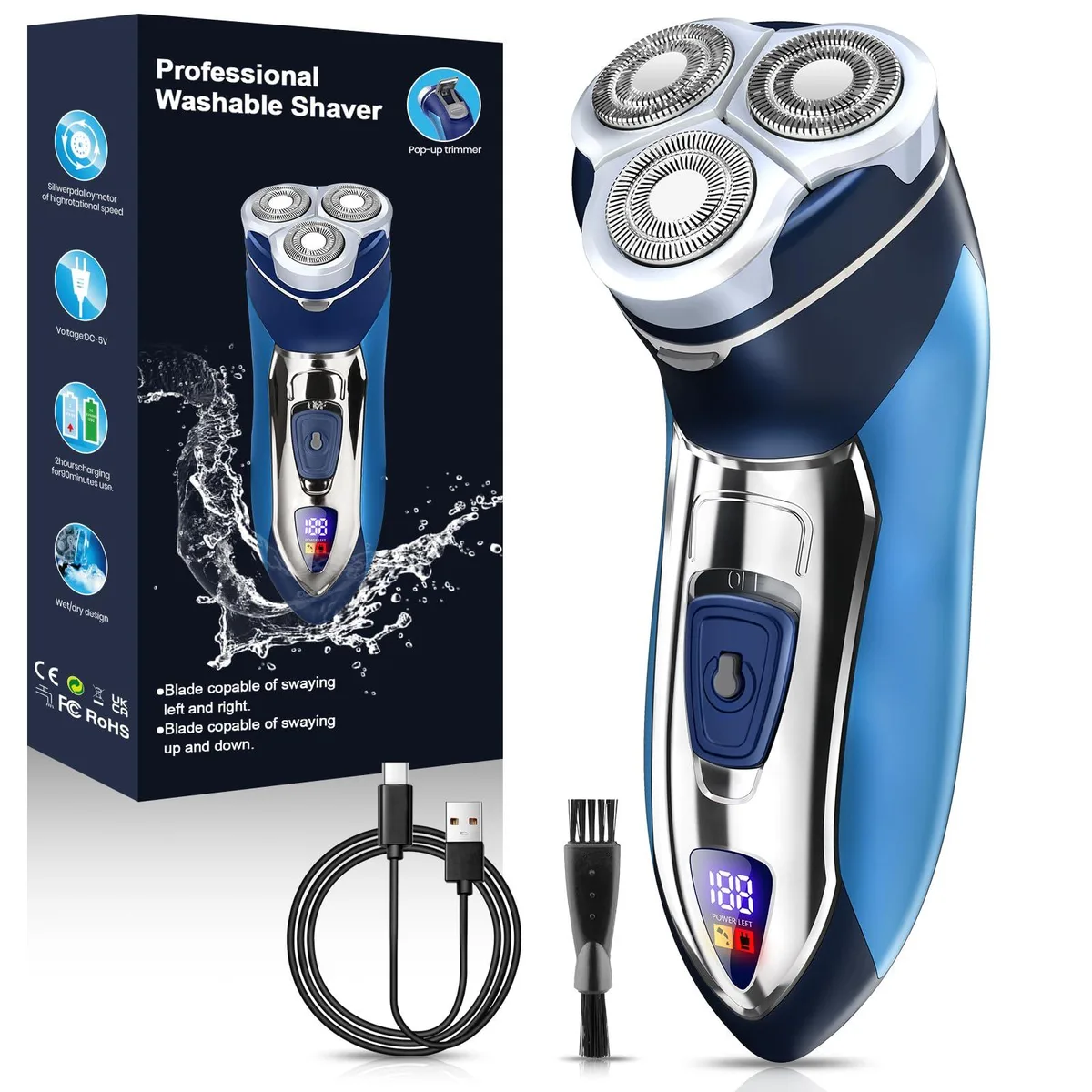 Blue cordless electric shaver with floating head, pop-up trimmer and LED display