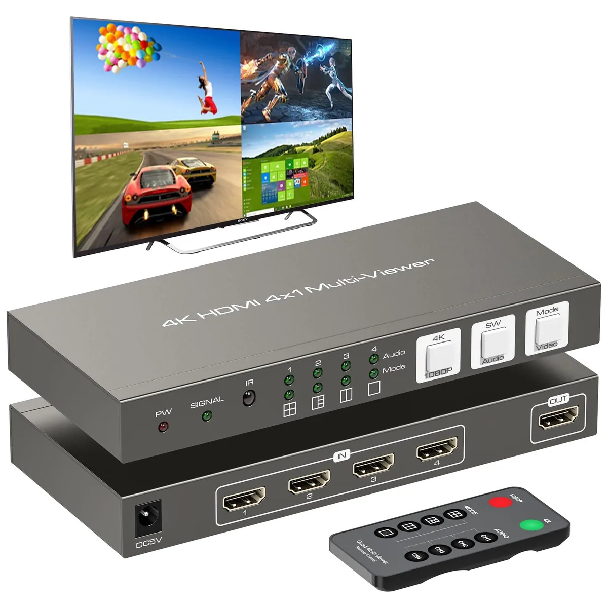 BUCIER BUCIER HDMI Multiviewer 4x1 Silver Gray 4K@30Hz 1080P60Hz video switch — product photo