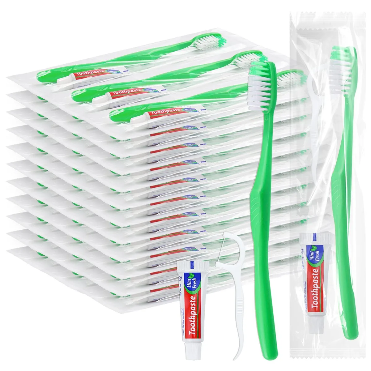 Green disposable travel toothbrushes with toothpaste and floss picks, 50 individually wrapped kits