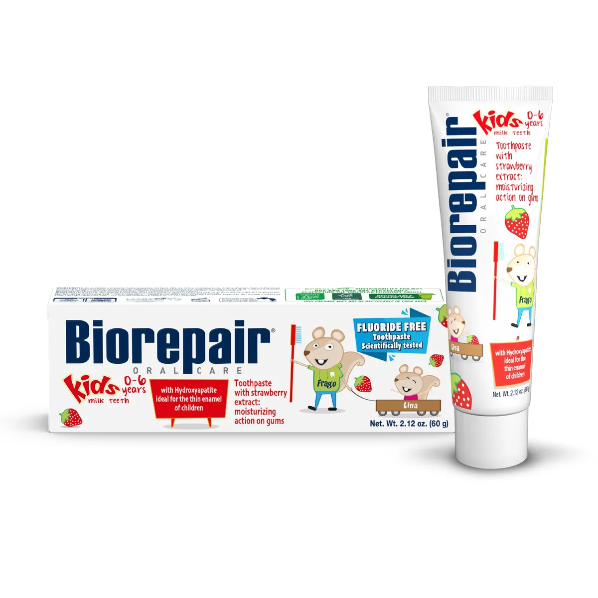Small white tube with red cap and strawberry illustration, 2.12 oz