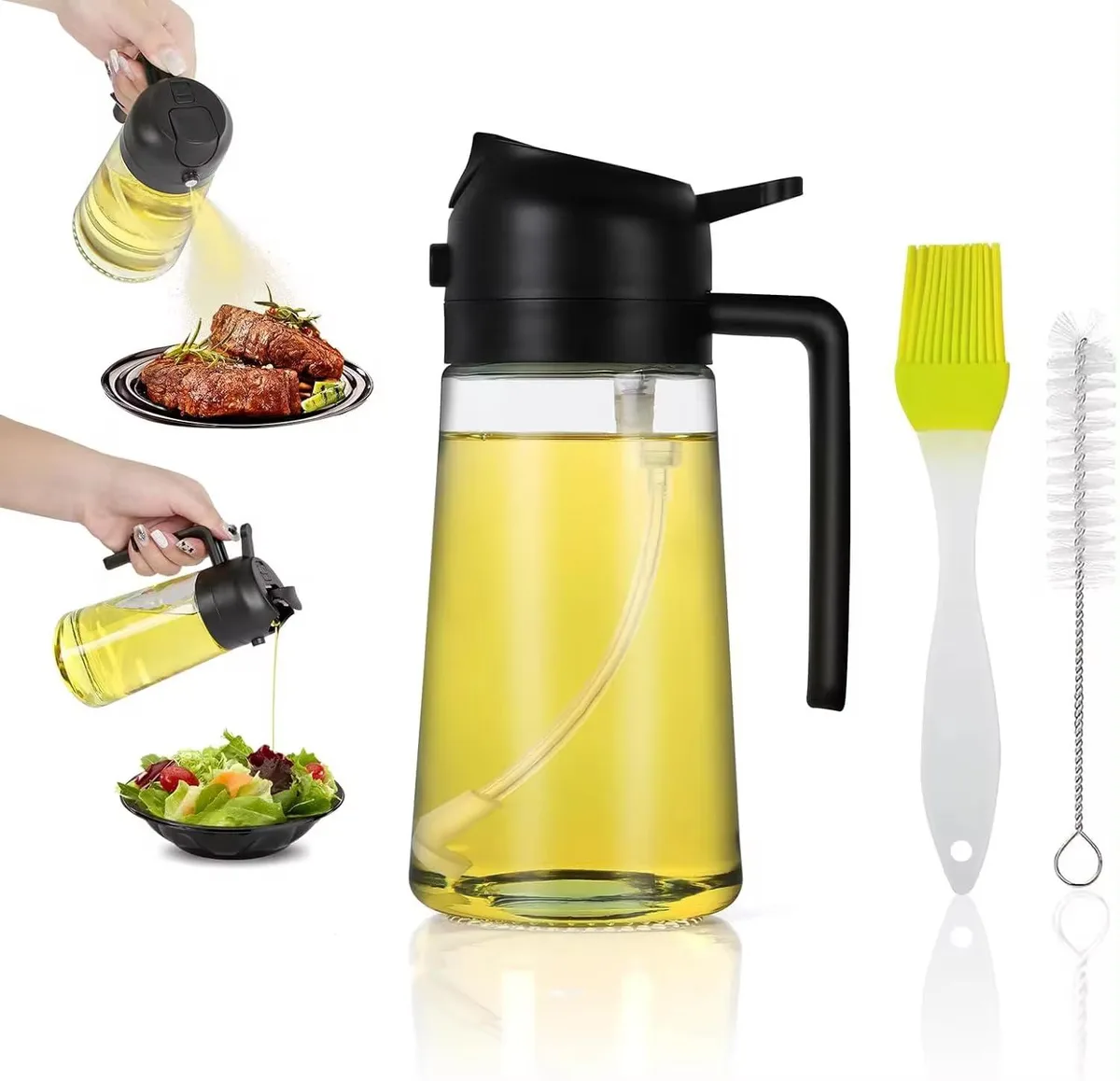 Black glass oil sprayer with side handle, 470 ml capacity