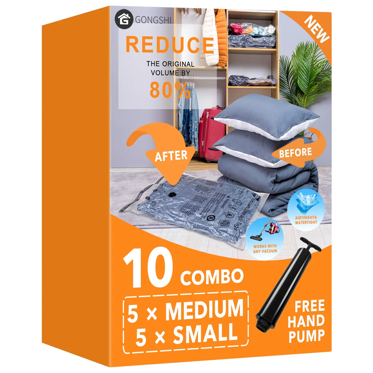 Ten transparent vacuum storage bags with double zip seals and turbo valves