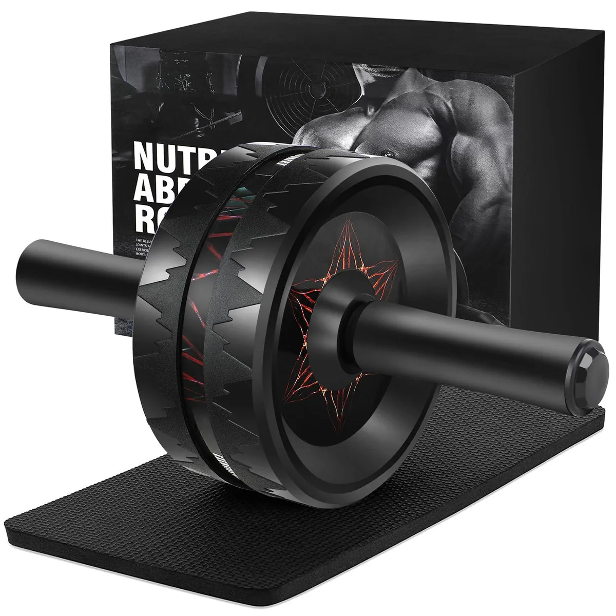 Black dual-wheel ab roller with foam handles and knee pad