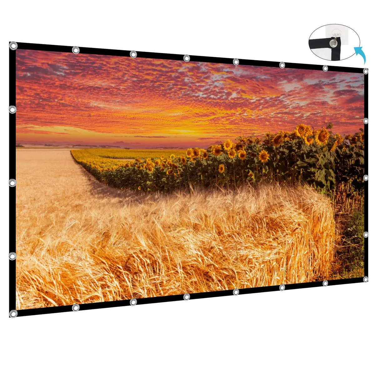 Large white rectangular fabric projector screen folded flat, 200 inch diagonal 16:9 ratio