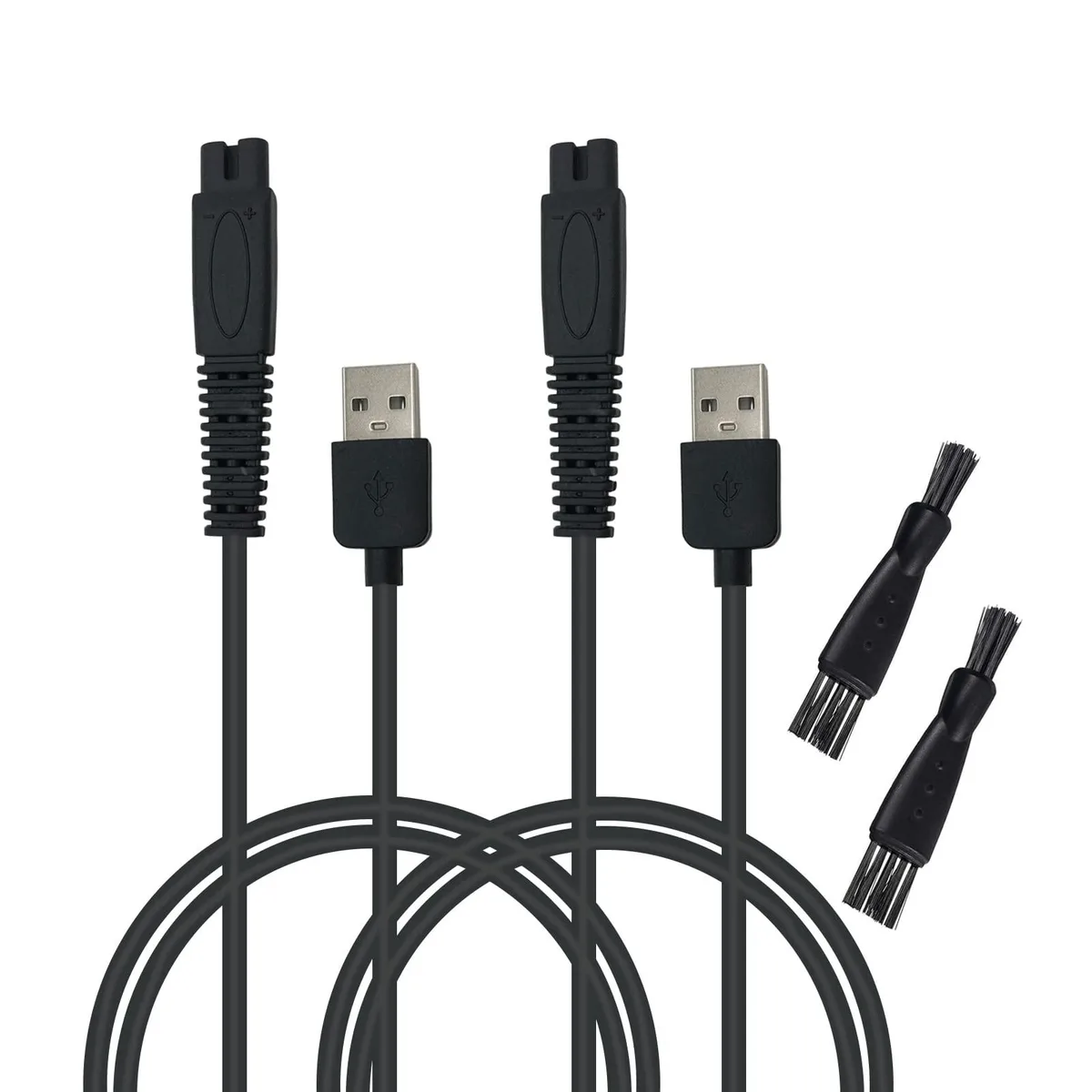 Two white USB 2.0 charging cords with two-prong connectors and cleaning brushes