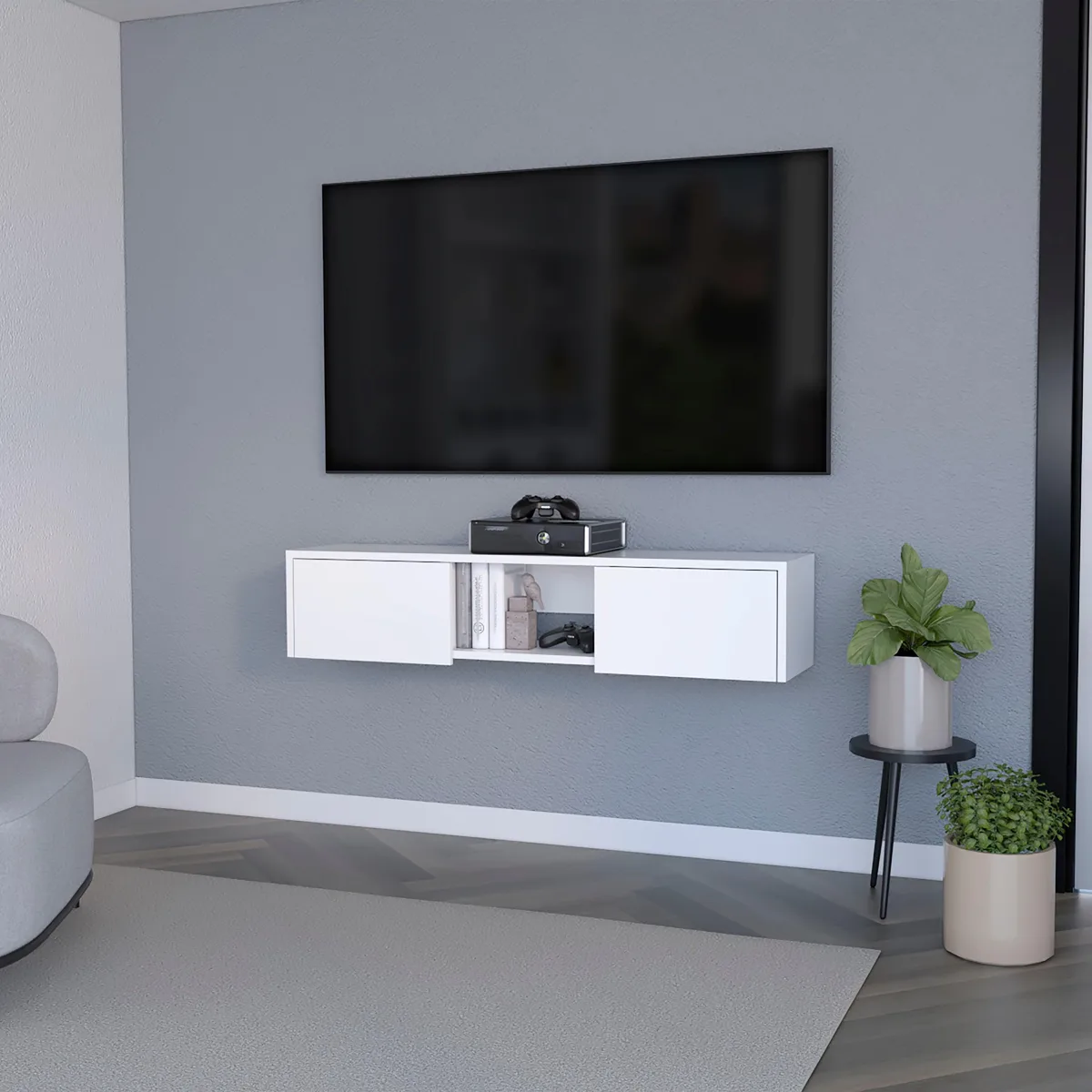 White floating TV stand with two doors and cable hole cover