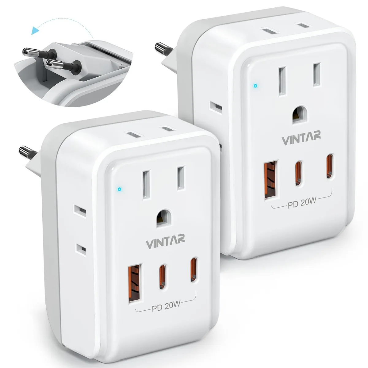 Two white and grey foldable EU travel adapters with USB-C and USB-A ports