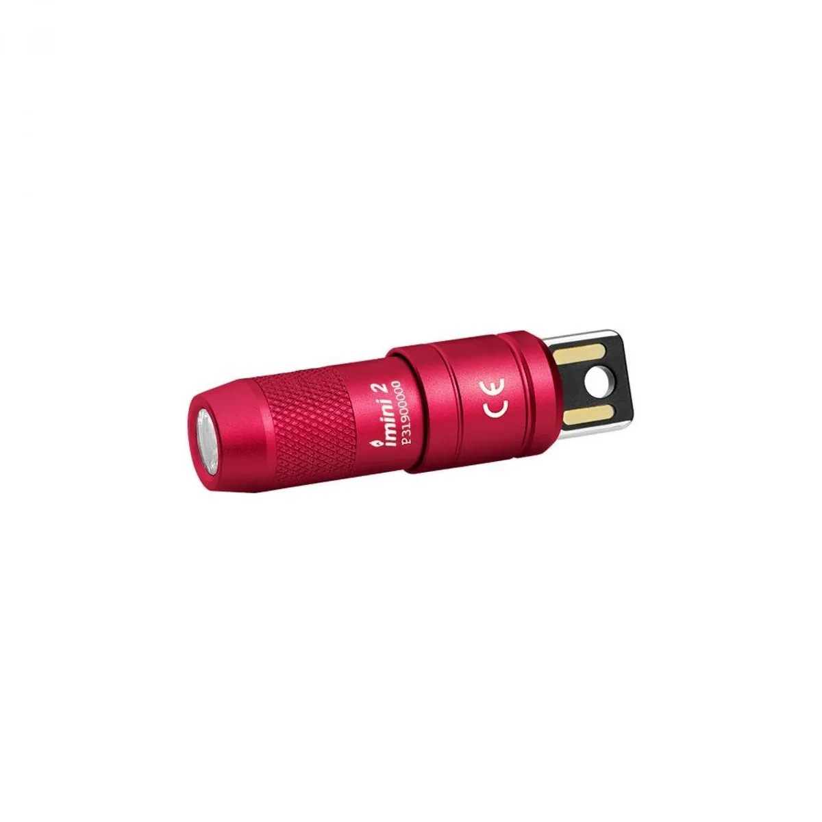 Tiny red aluminium keychain flashlight with integrated USB plug and magnetic cap