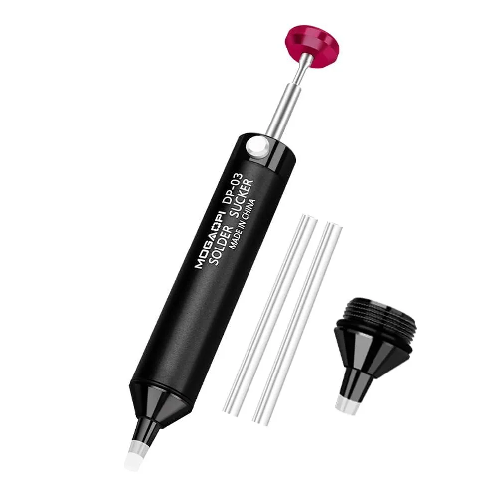 Aluminium desoldering pump with spare nozzle, spring-loaded vacuum action