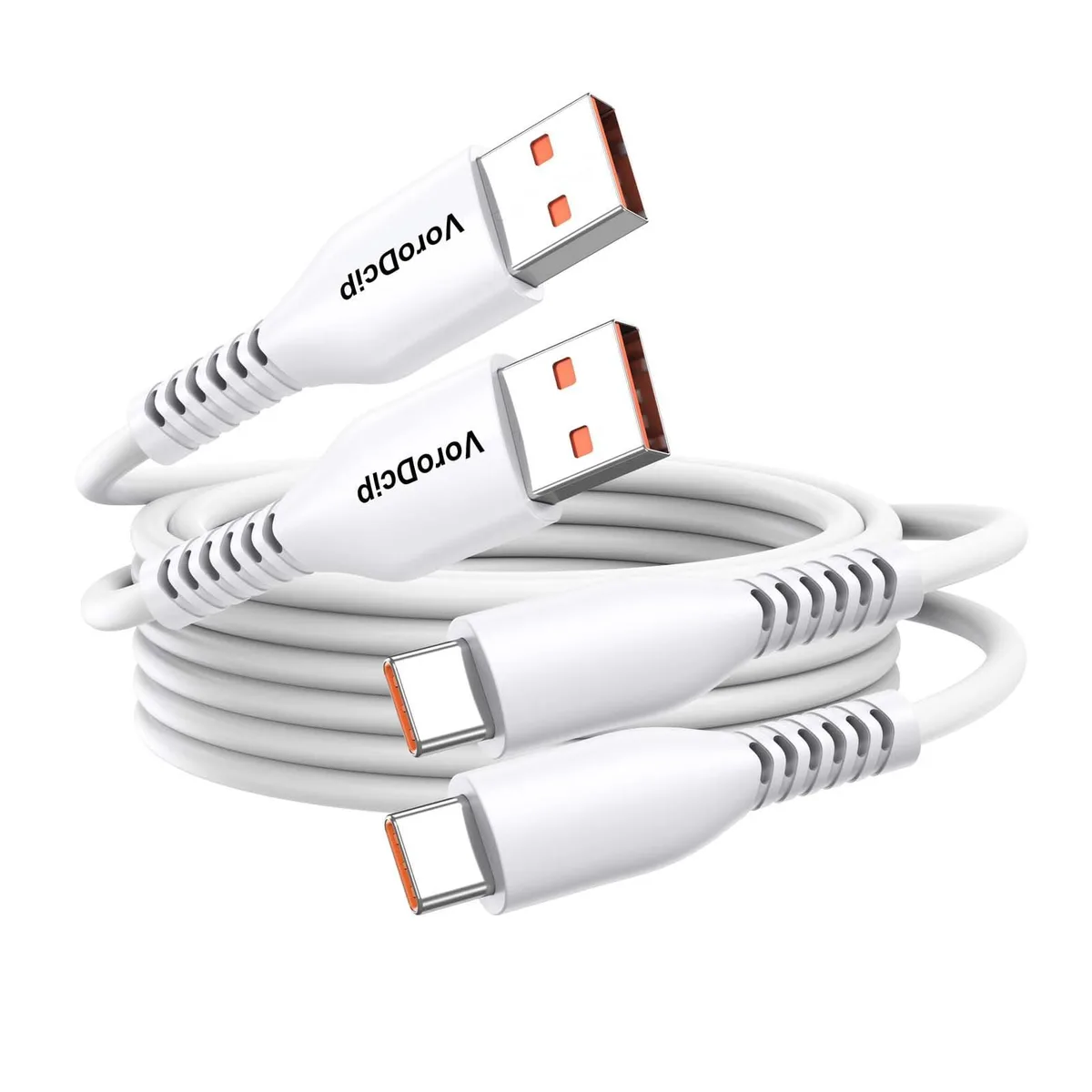 Two white USB-A to USB-C cables coiled together, 15 feet each