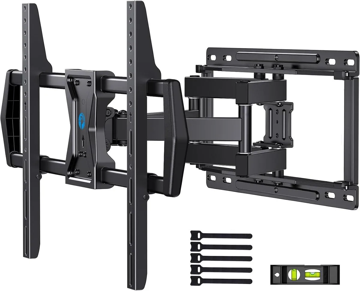 Black metal TV wall mount with dual articulated arms folded against rectangular backplate