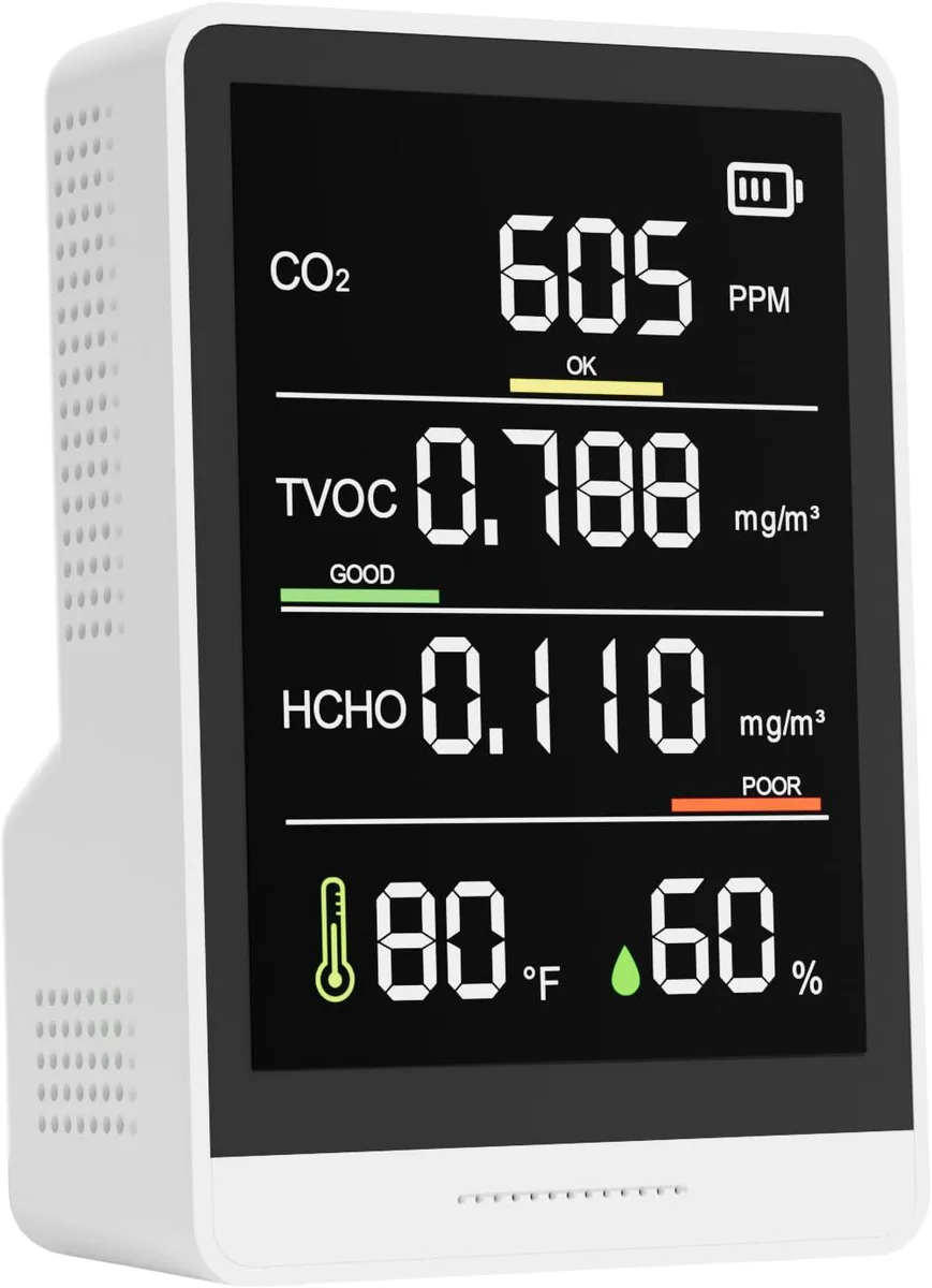 White rectangular air-quality monitor with colour LED screen showing CO2 TVOC HCHO temperature humidity readings