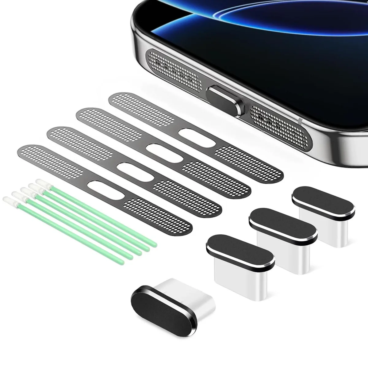 No Sew No Sew USB-C dust plug kit 4-pack with speaker covers for iPhone 15/16/17 — product photo