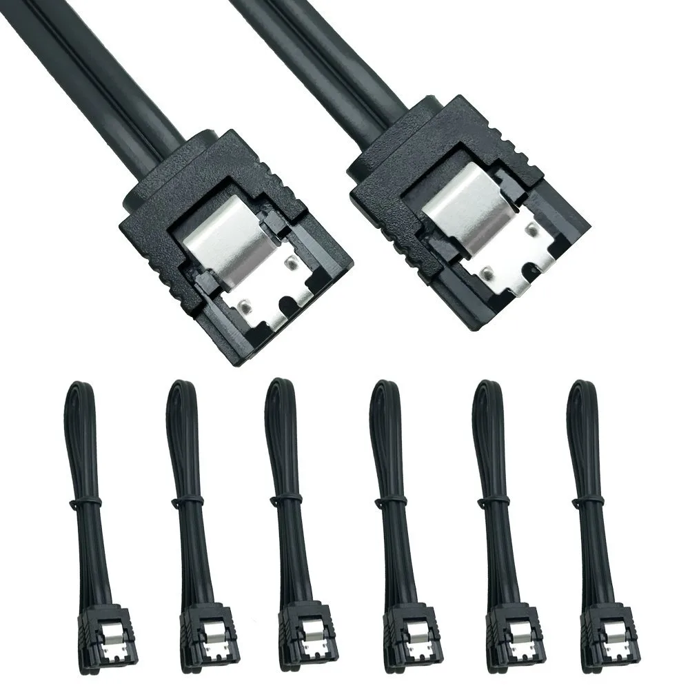 Six black SATA cables with straight locking connectors, 16 inch length