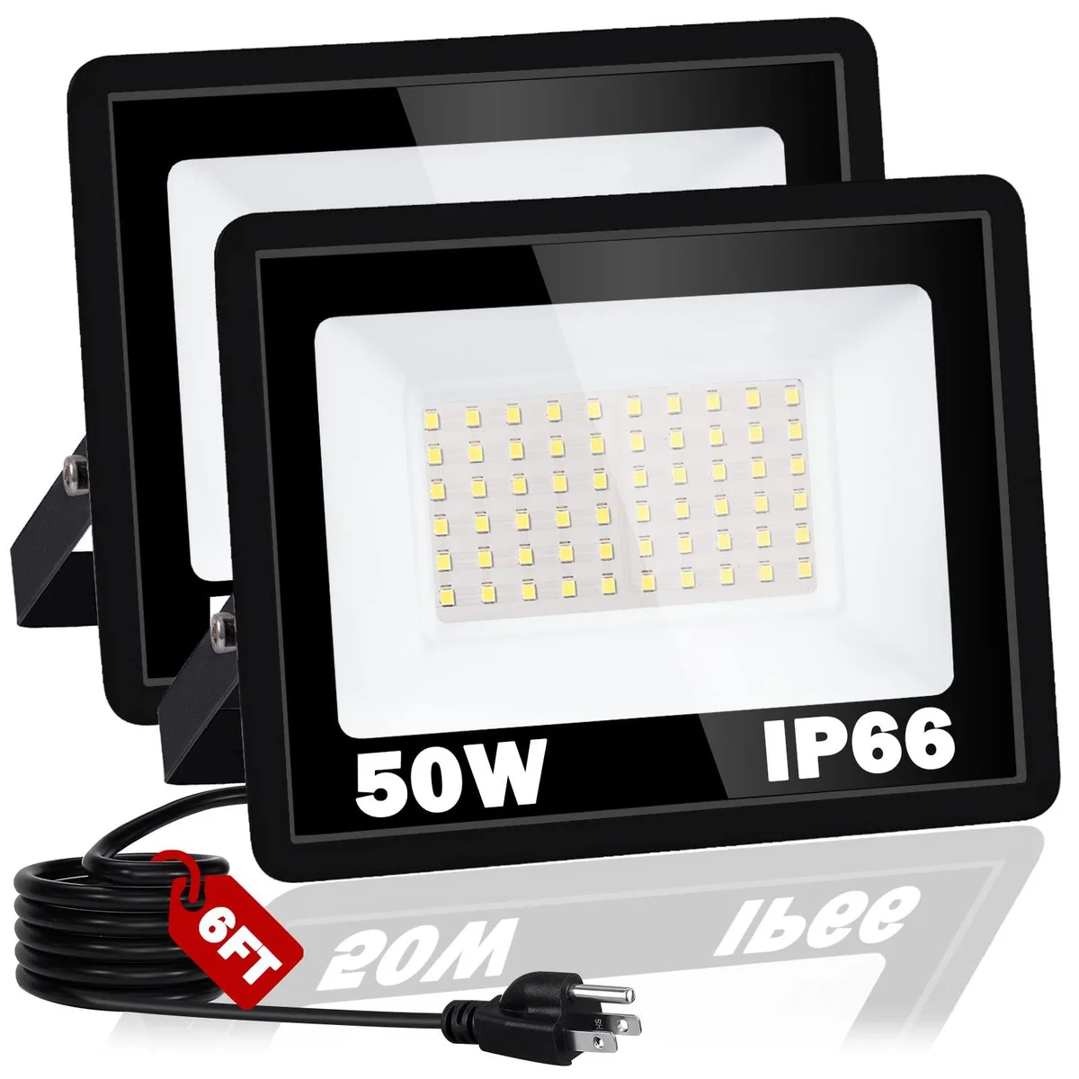Two black rectangular aluminium floodlights with tempered glass lenses and adjustable brackets
