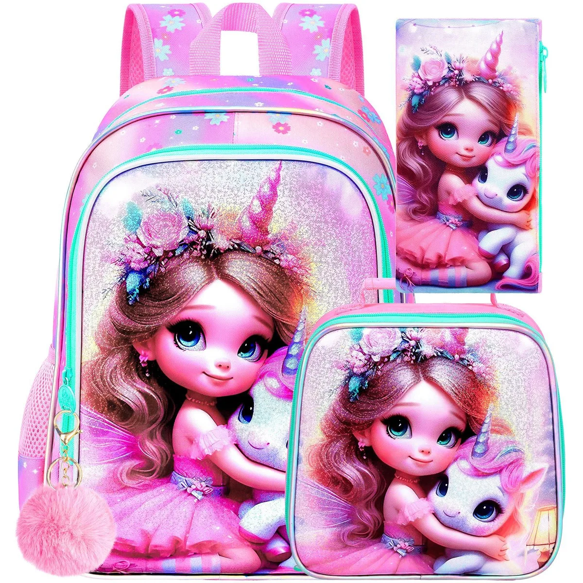 Pink 16 inch unicorn backpack set with lunch box and pencil case