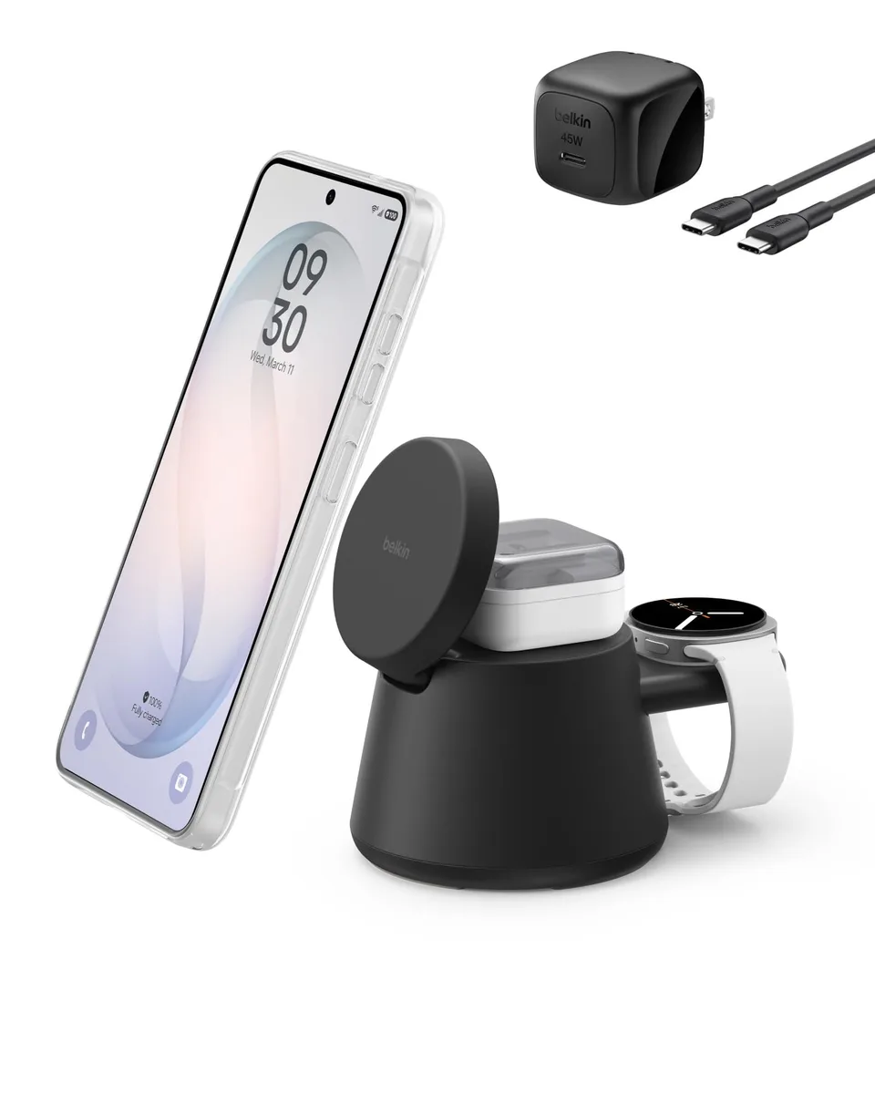  Belkin WIZ052ttBK 3-in-1 Wireless Charger Qi2.2 25W 45W PSU Black — product photo