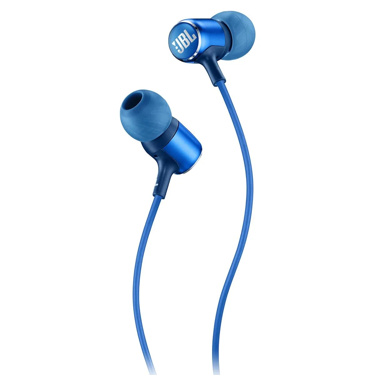 Blue in-ear earbuds with aluminum housing and fabric cable