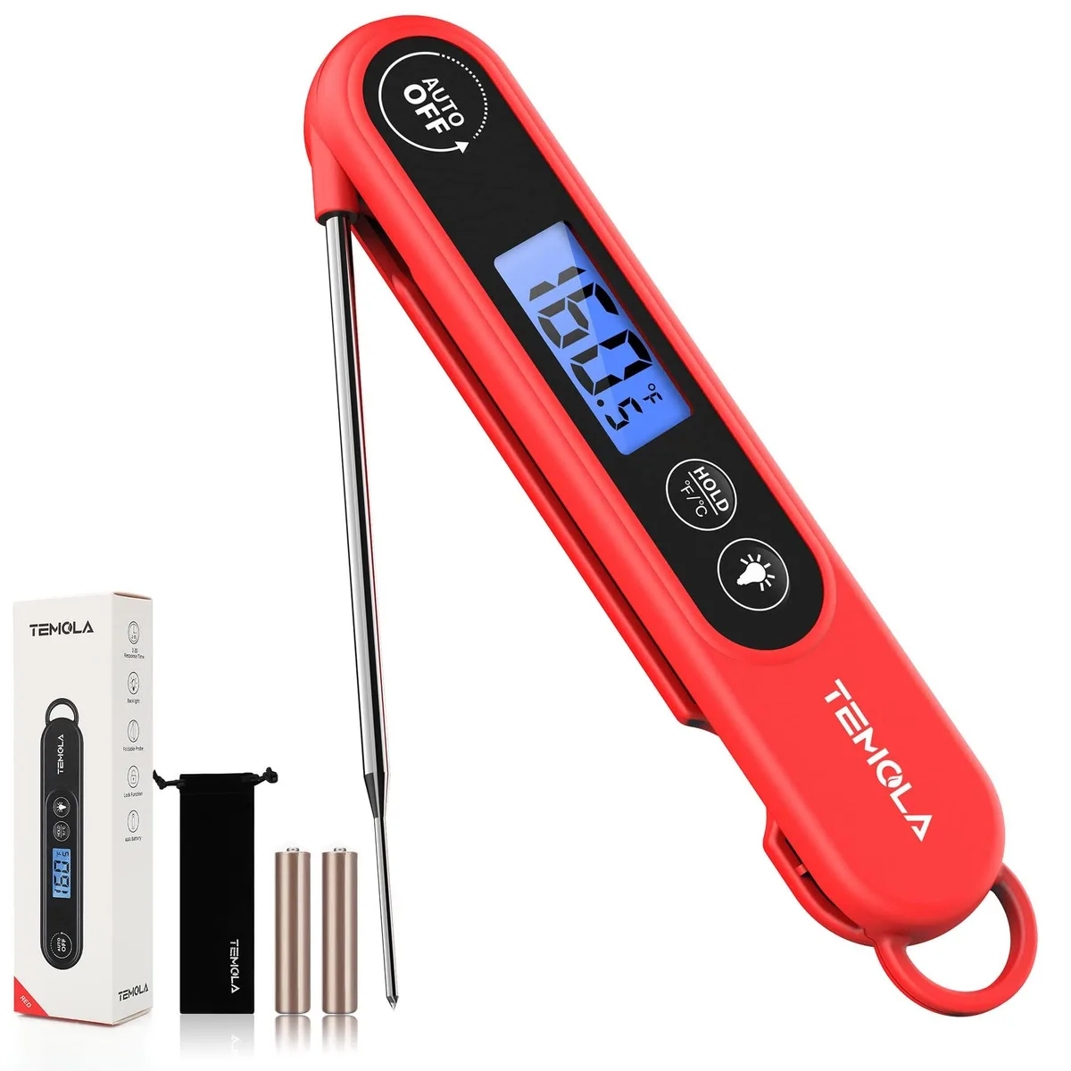 Bright red digital thermometer with 4.3 inch stainless steel probe and backlit display