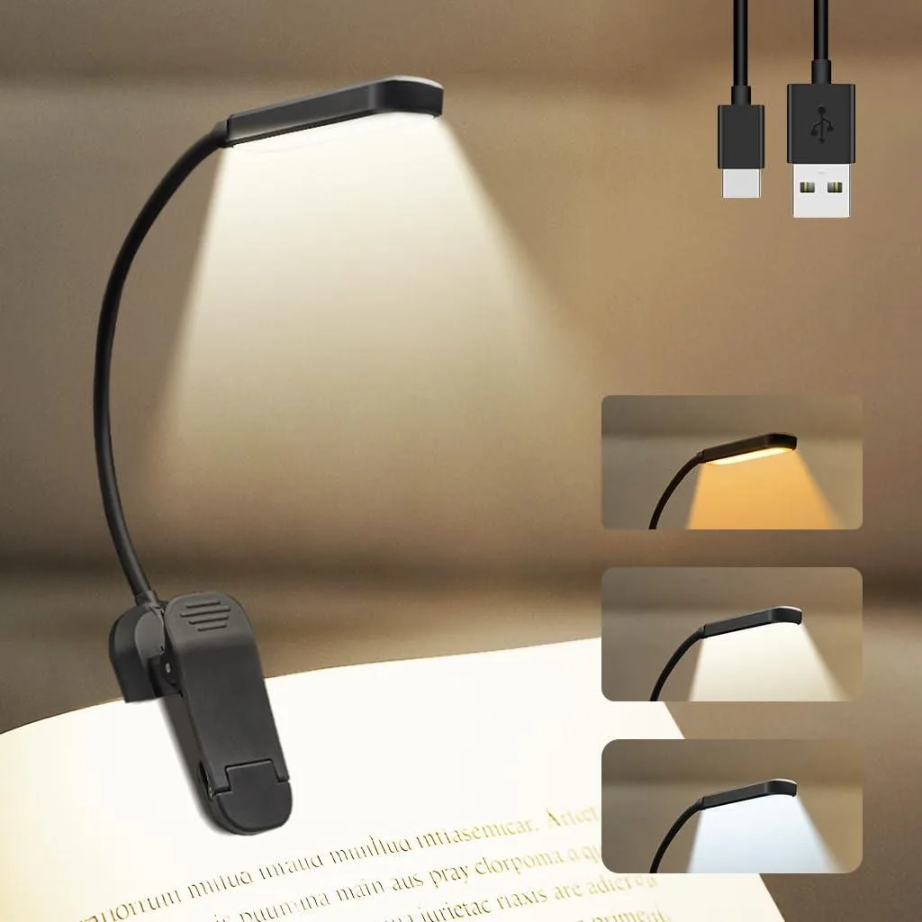 Black clip-on book light with 20 LEDs, flexible gooseneck and non-slip grip