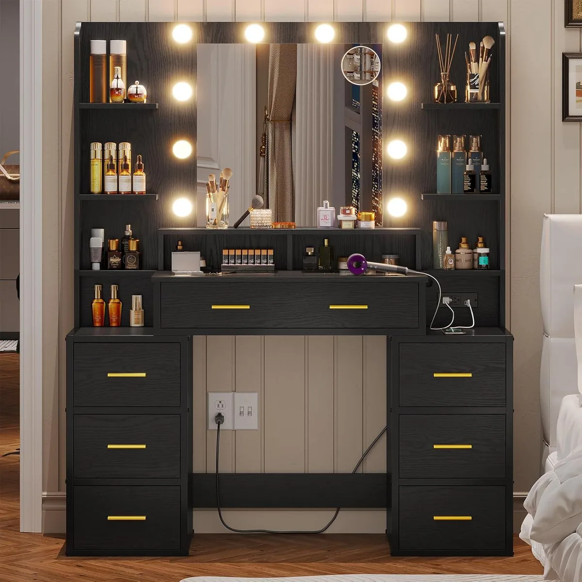 Black vanity desk with glass top, mirror and ten bulbs