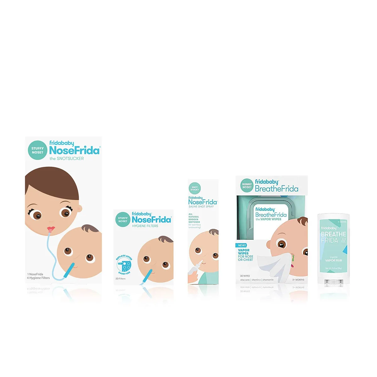 White boxed set with nasal aspirator, saline spray, vapor rub, wipes and hygiene filters