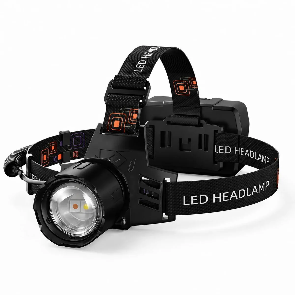 Black rectangular headlamp unit with adjustable tilt, wide elastic headband, dual LED lenses and USB charging port visible