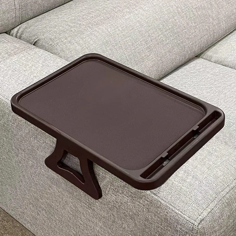 Cherry clip-on sofa arm tray with phone groove, spring-loaded legs, collapsible to 2 inches
