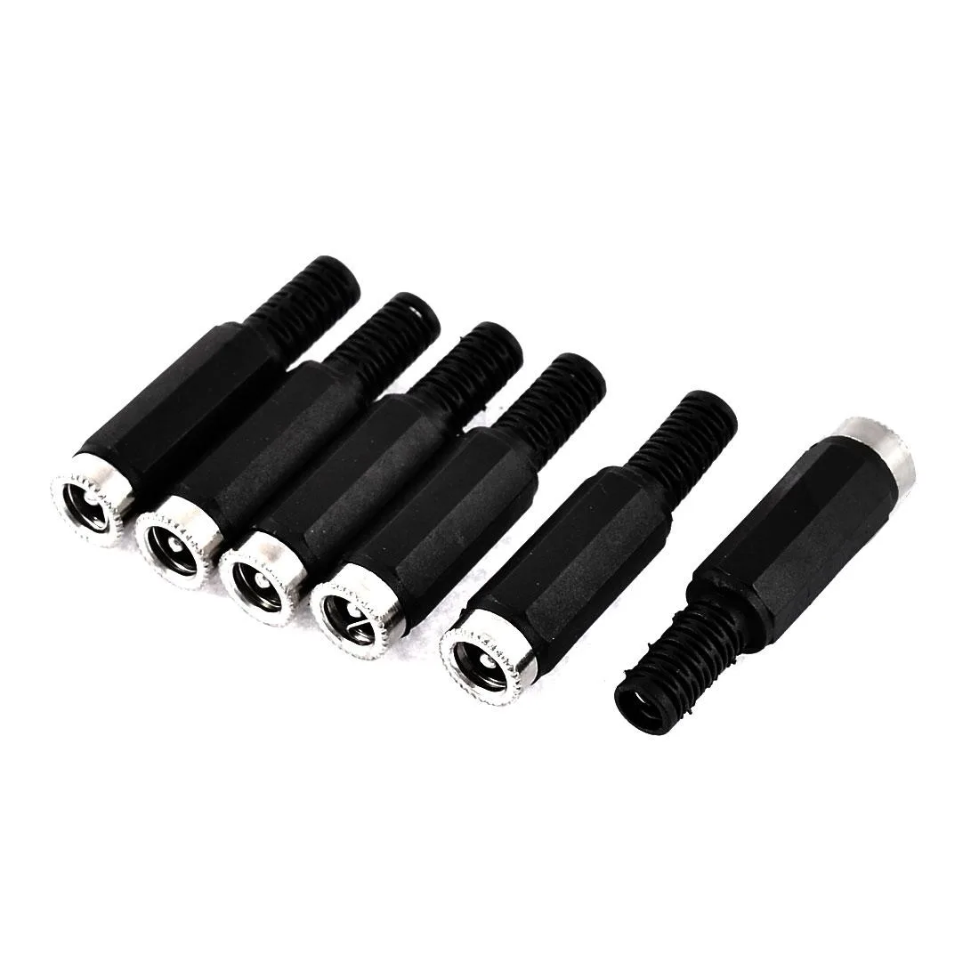 Six black plastic female DC inline couplers 5.5mm x 2.1mm