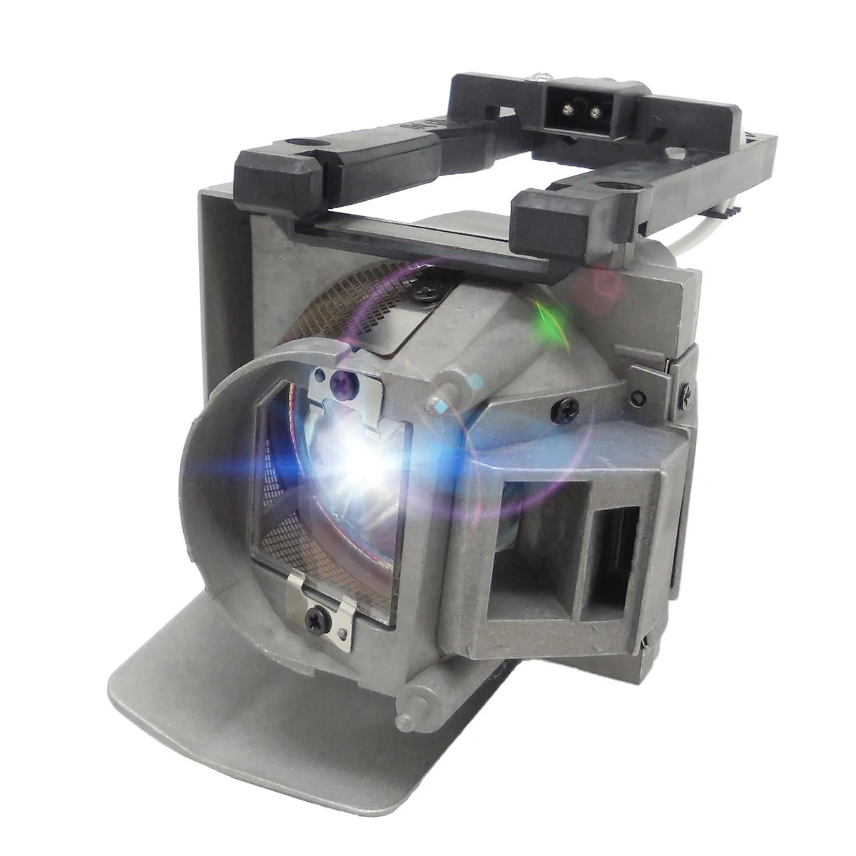 Rectangular projector lamp module in black plastic housing with bare bulb visible through front aperture