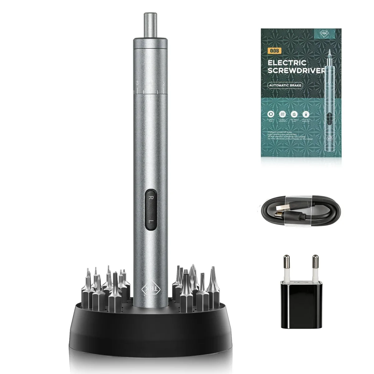 Black corded electric precision screwdriver with 40-piece bit set in plastic case