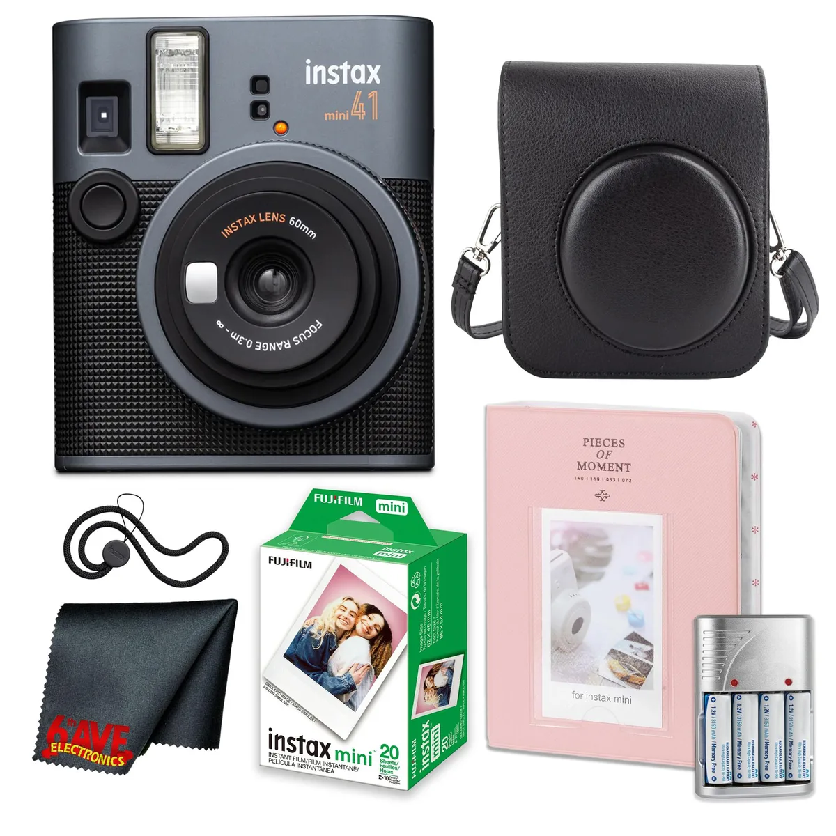 FUJIFILM FUJIFILM INSTAX MINI 41 film camera with 4x AA rechargeable batteries and charger — product photo