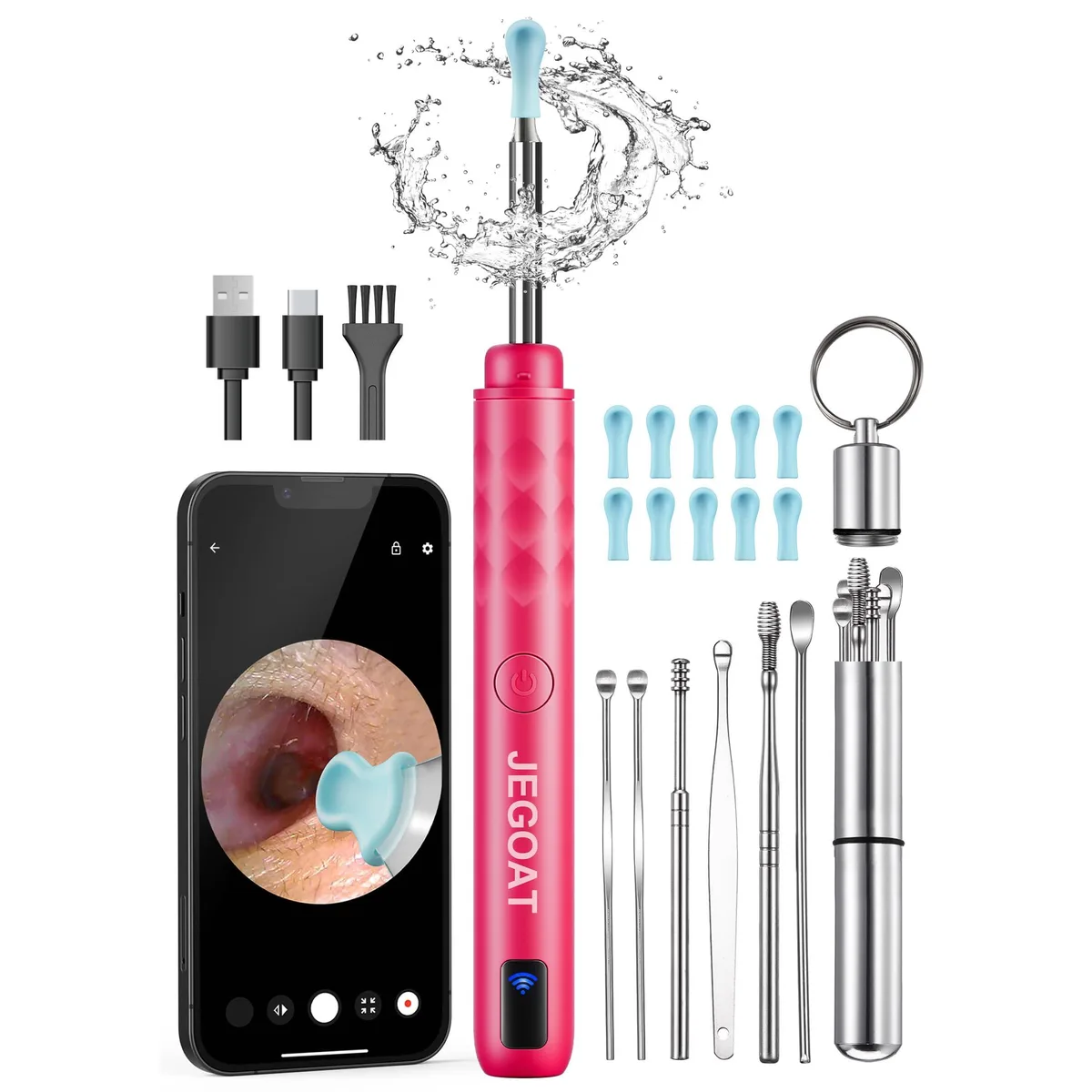 Magenta ear-care otoscope with 6 LED lights and silicone tips