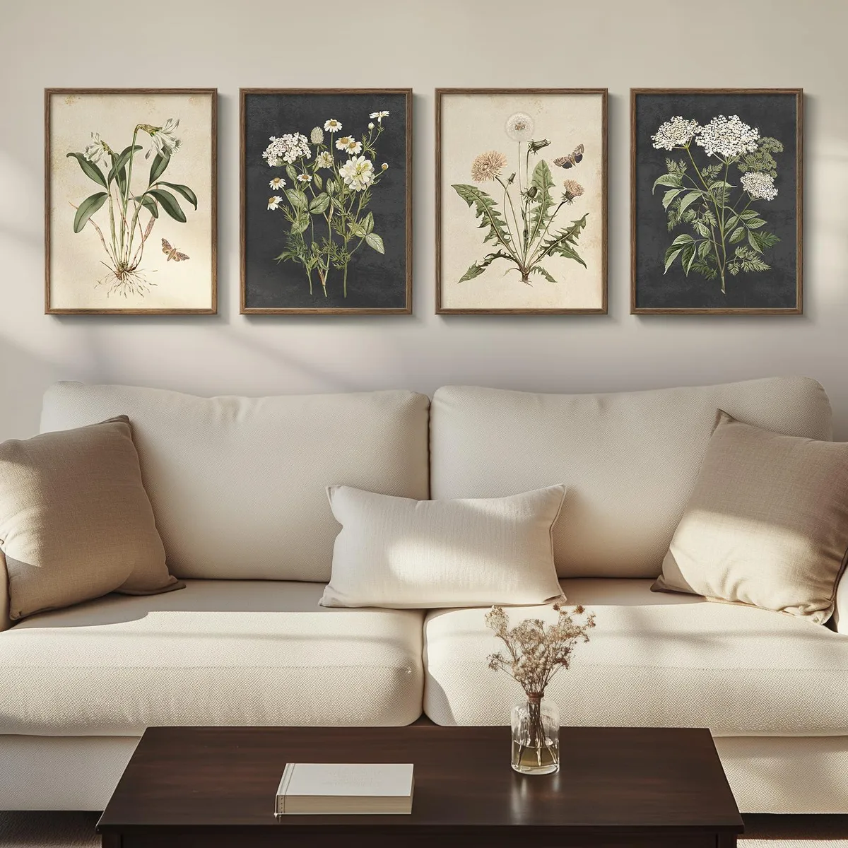 Four framed botanical prints in walnut wood frames with matte finish, 12x16 inches each