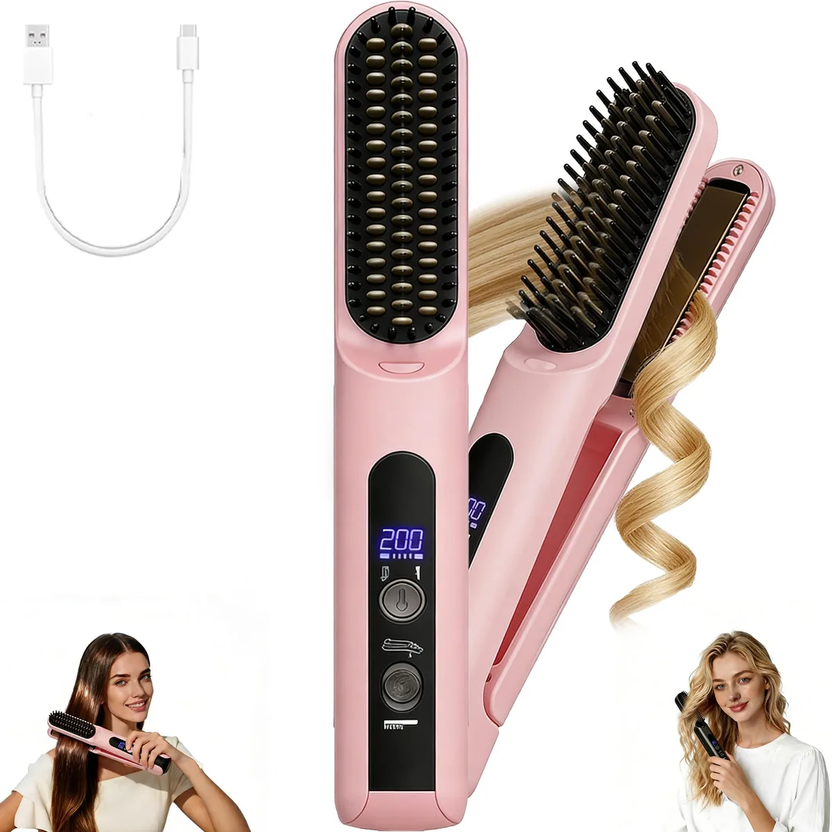 Cordless 2-in-1 hair straightener brush curler with ceramic coating and detachable head